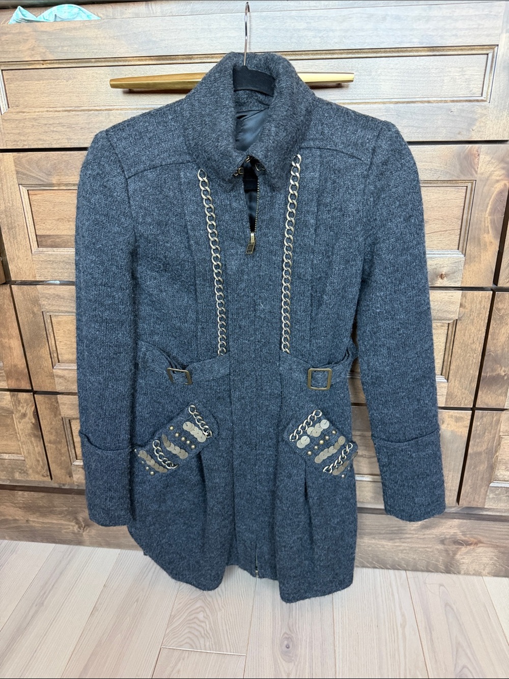 Nanette Lepore Charcoal Gray Chain-Trim Wool Trench Coat
